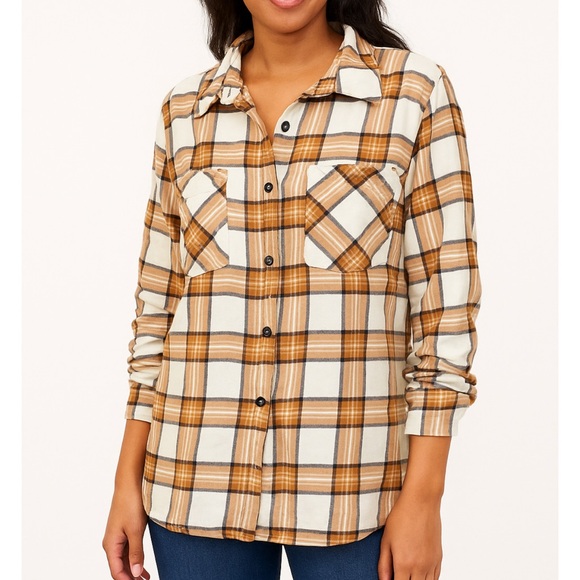 Tops - Stylish plaid button-up shirt with a classic design. Features a mix of brown and